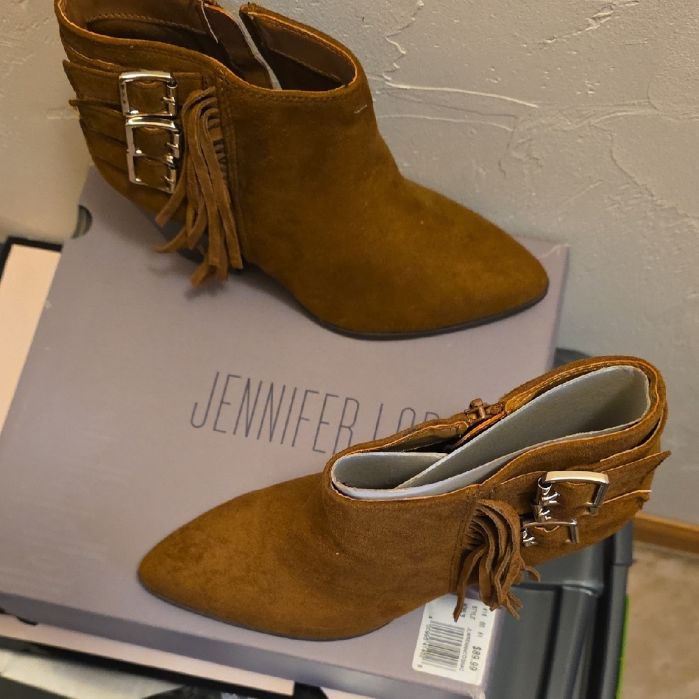 Jennifer Lopez Tan Fringe Ankle Booties